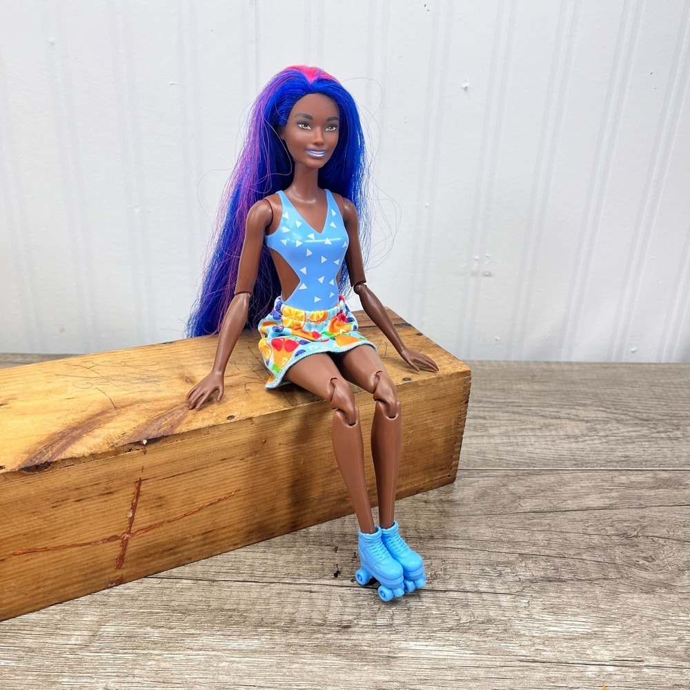 African American Barbie Doll Pop Reveal Articulated, Made to Move Blue Hair C9